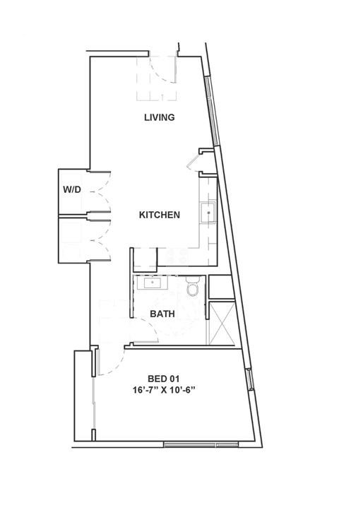 Floor plan for 1 bed, 1 bath, 748 sqft